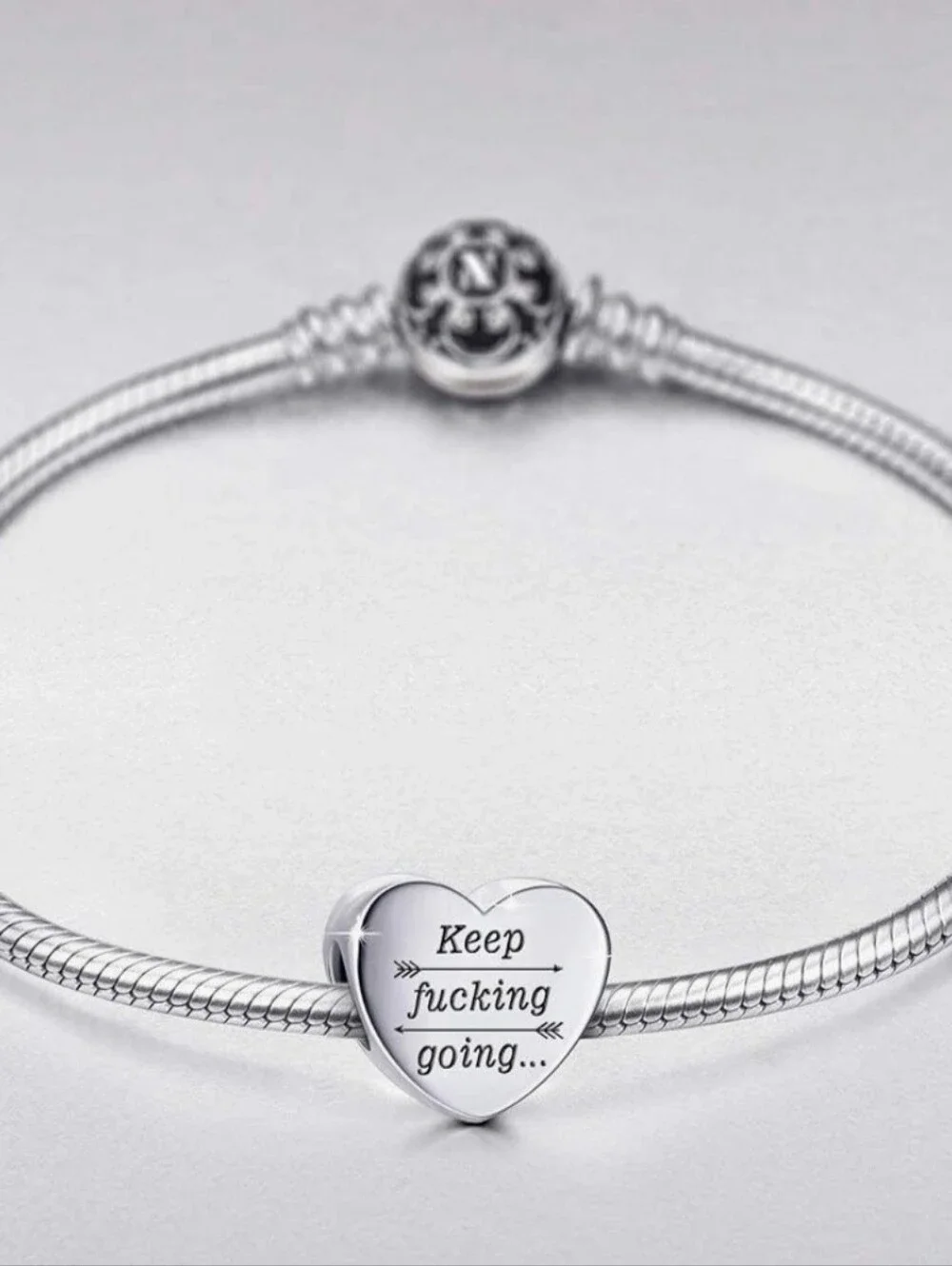 Heart-Shaped Silver Motivational Charm - Keep Going